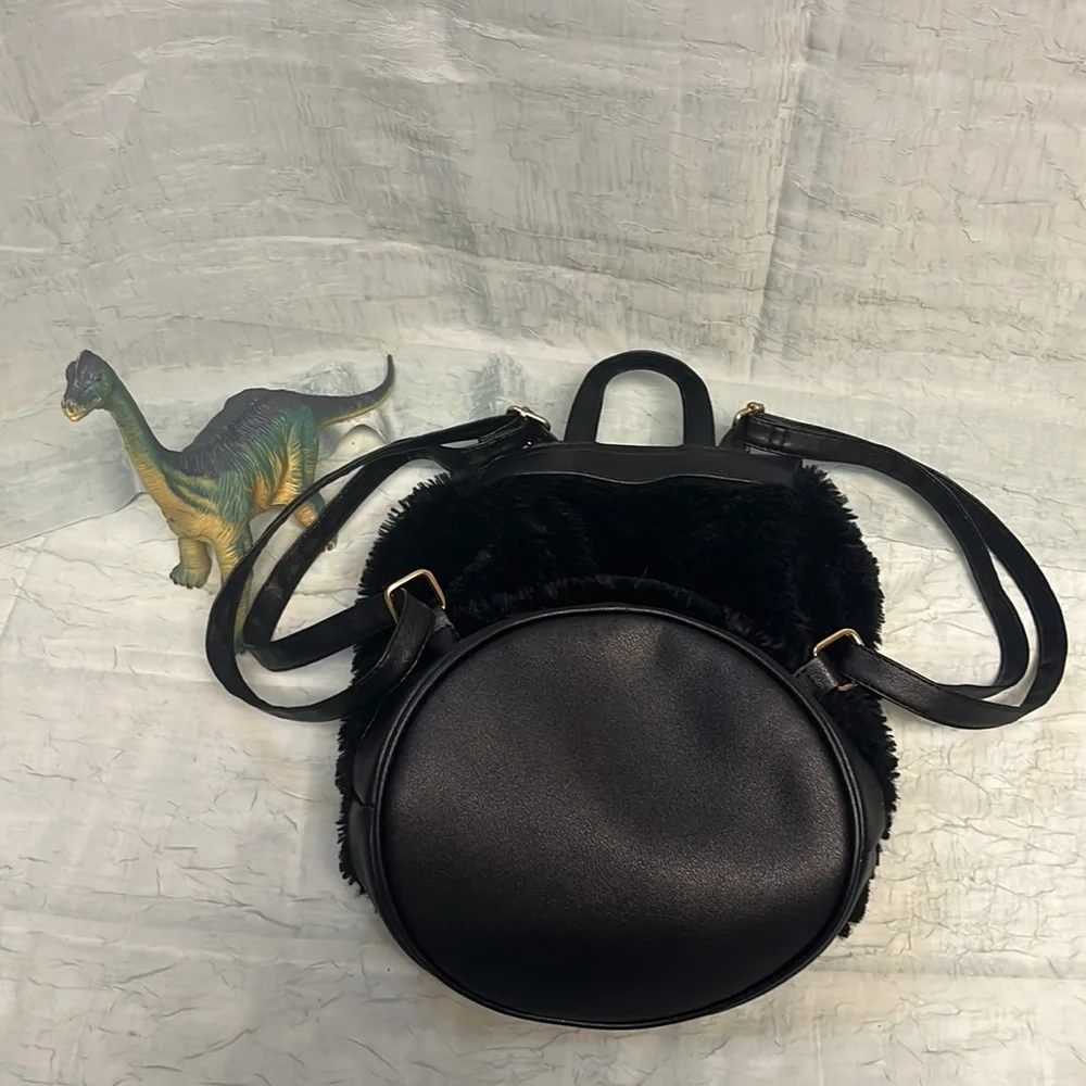 Black Faux Fur Mini Heart Backpack With Faux Leather Heart Flap and Pulls